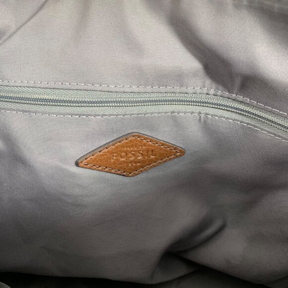 FOSSIL Dusty Blue & Brown Vegan Leather Studded Shoulder Crossbody Bag Tote - Picture 11 of 13